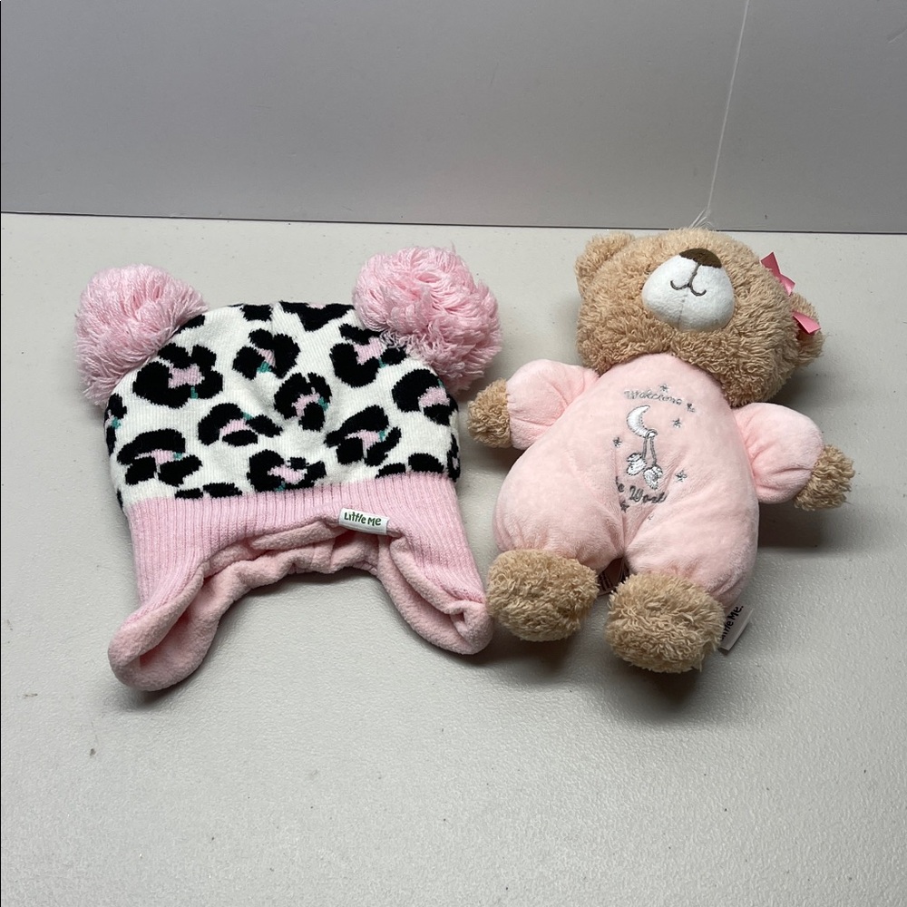 Little Me Pink and Black Leopard Hat with Teddy Bear